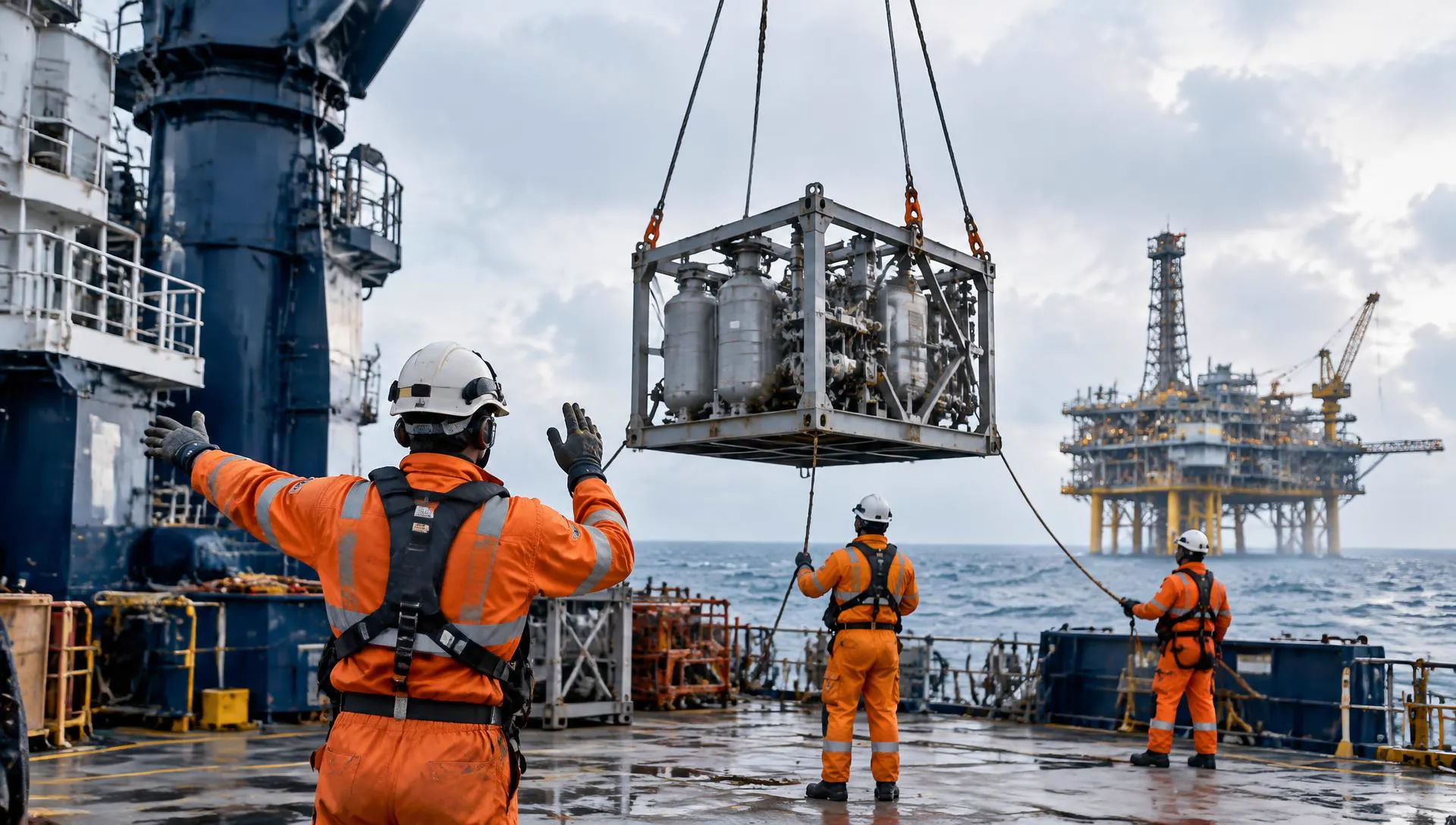 Crew guiding a certified cargo lift onto an offshore deck