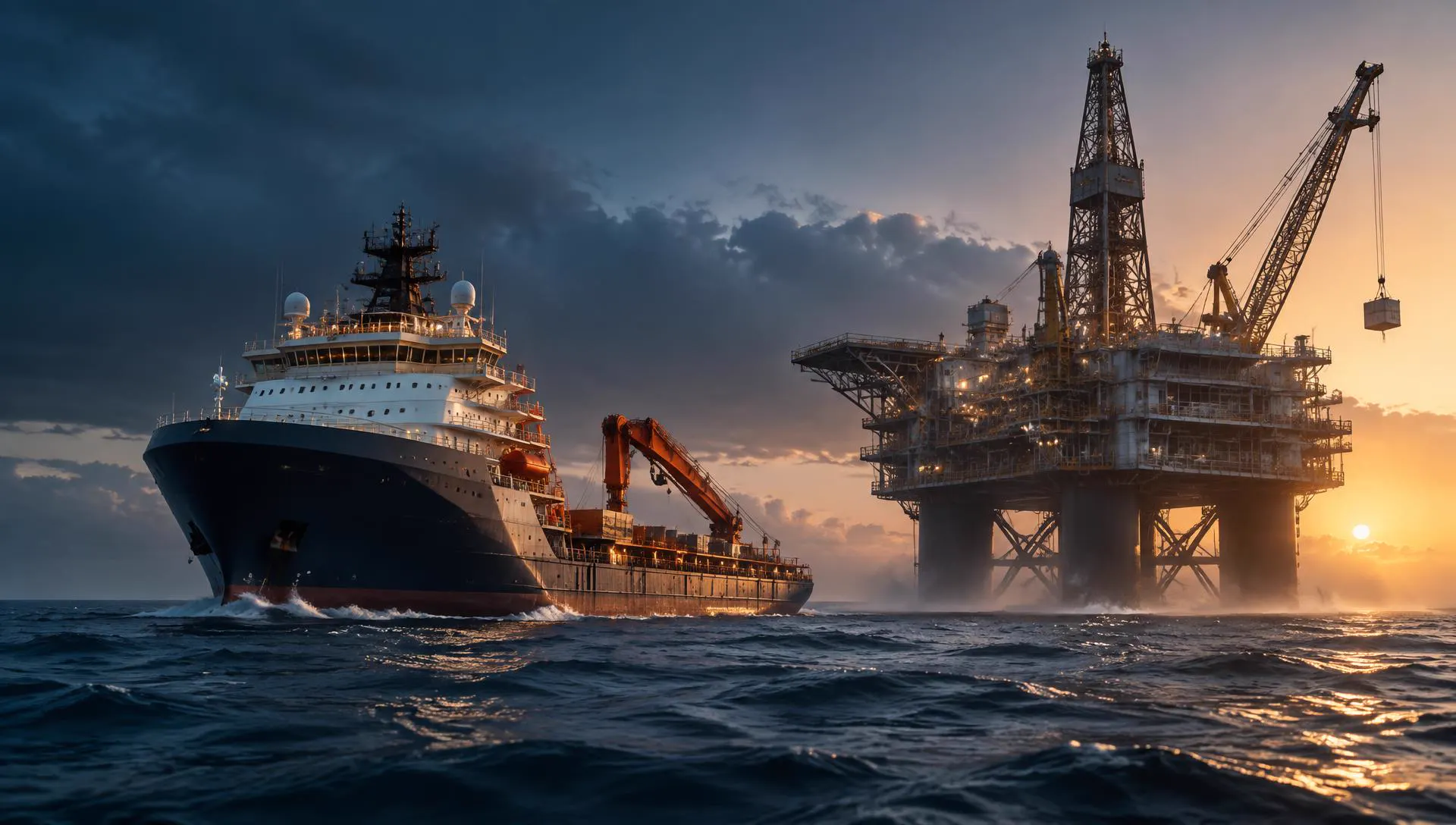 Offshore drilling platform and supply vessel at dusk